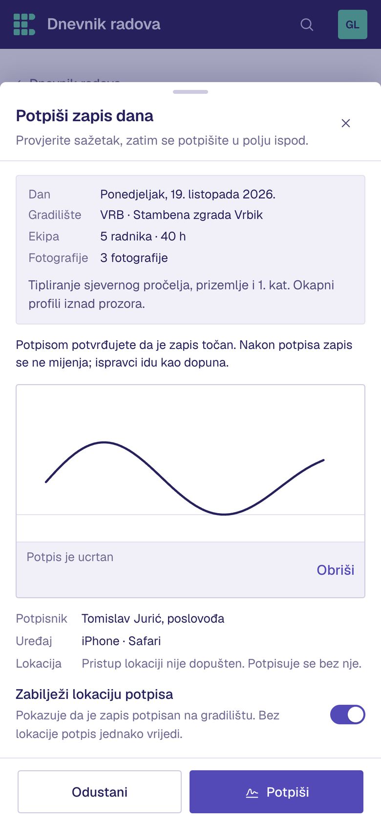 Potpis zapisa: Prstom na mobitelu, uz SHA-256 sažetak sadržaja.